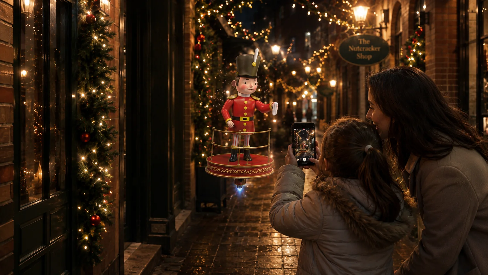A family points a phone at an augmented reality nutcracker floating in a Christmas-lit laneway