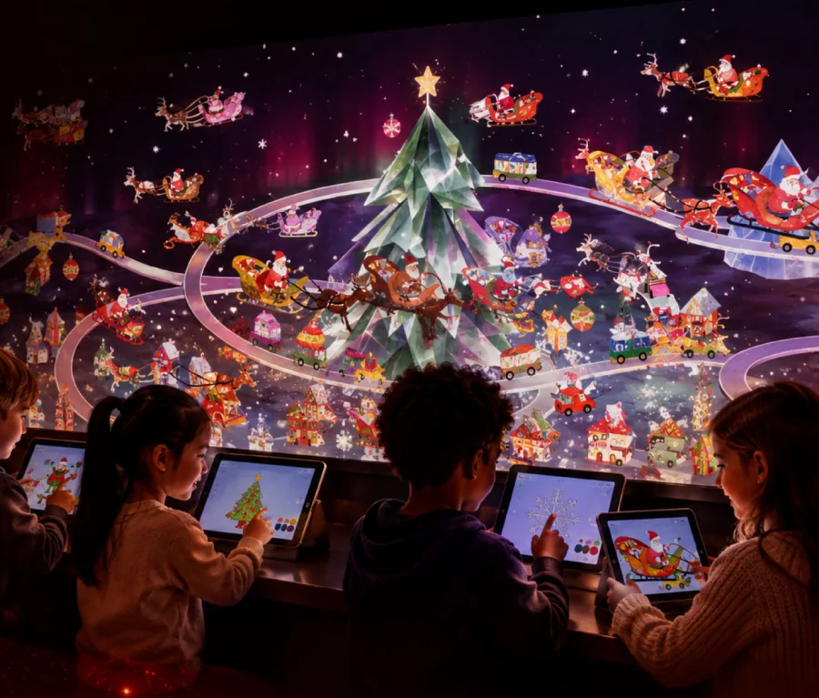 Children touching a large interactive projected Christmas tree