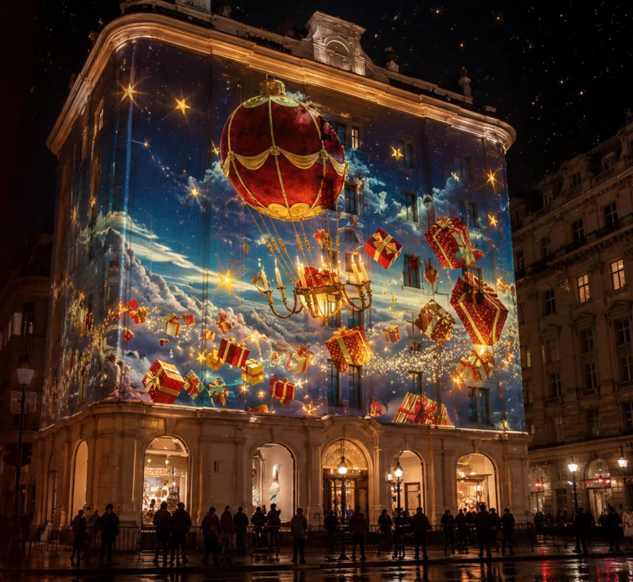 A building facade covered in a projected Christmas scene