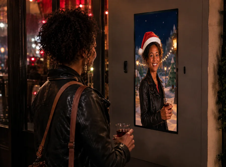A visitor at a Christmas selfie screen