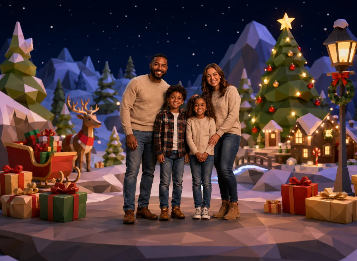 The same family composited into a Christmas fireside scene