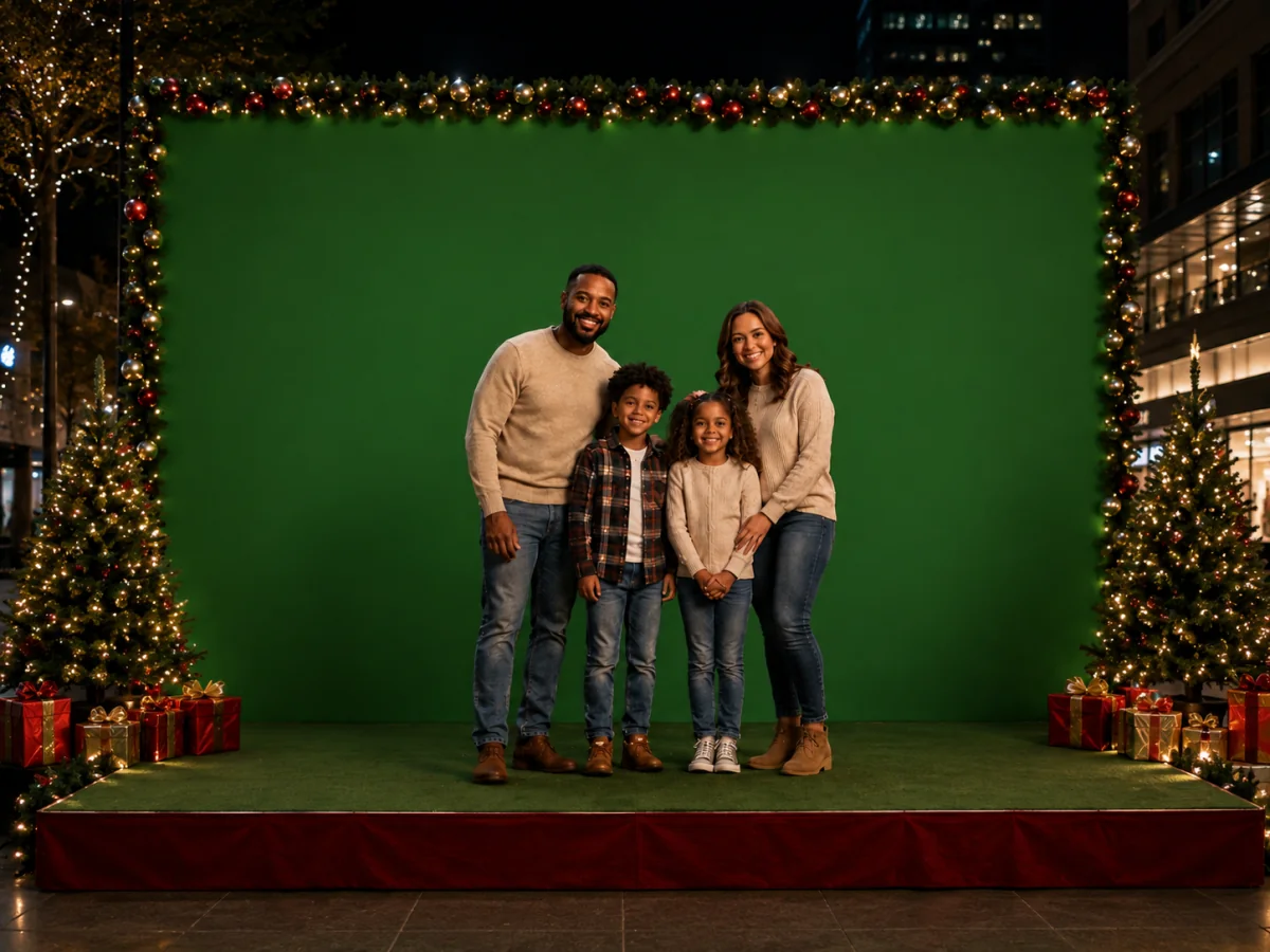 A family photographed against a green screen