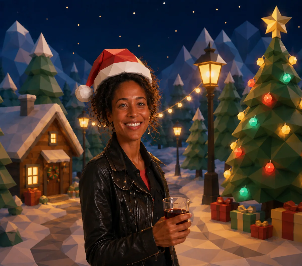 The resulting festive portrait in a snowy Christmas village