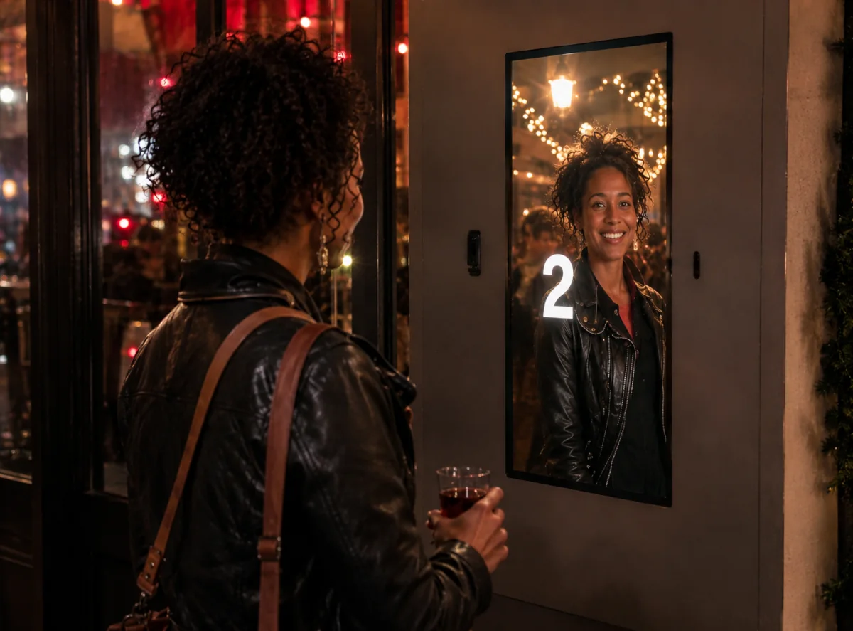 A visitor at a Christmas selfie kiosk