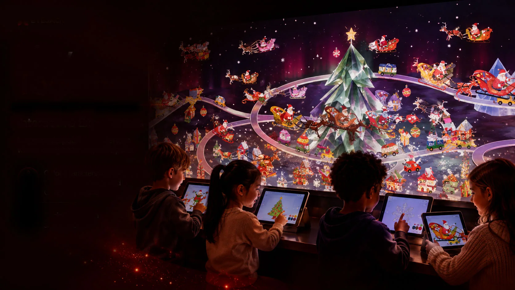 Children drawing on tablets and touching a large projected interactive Christmas tree scene
