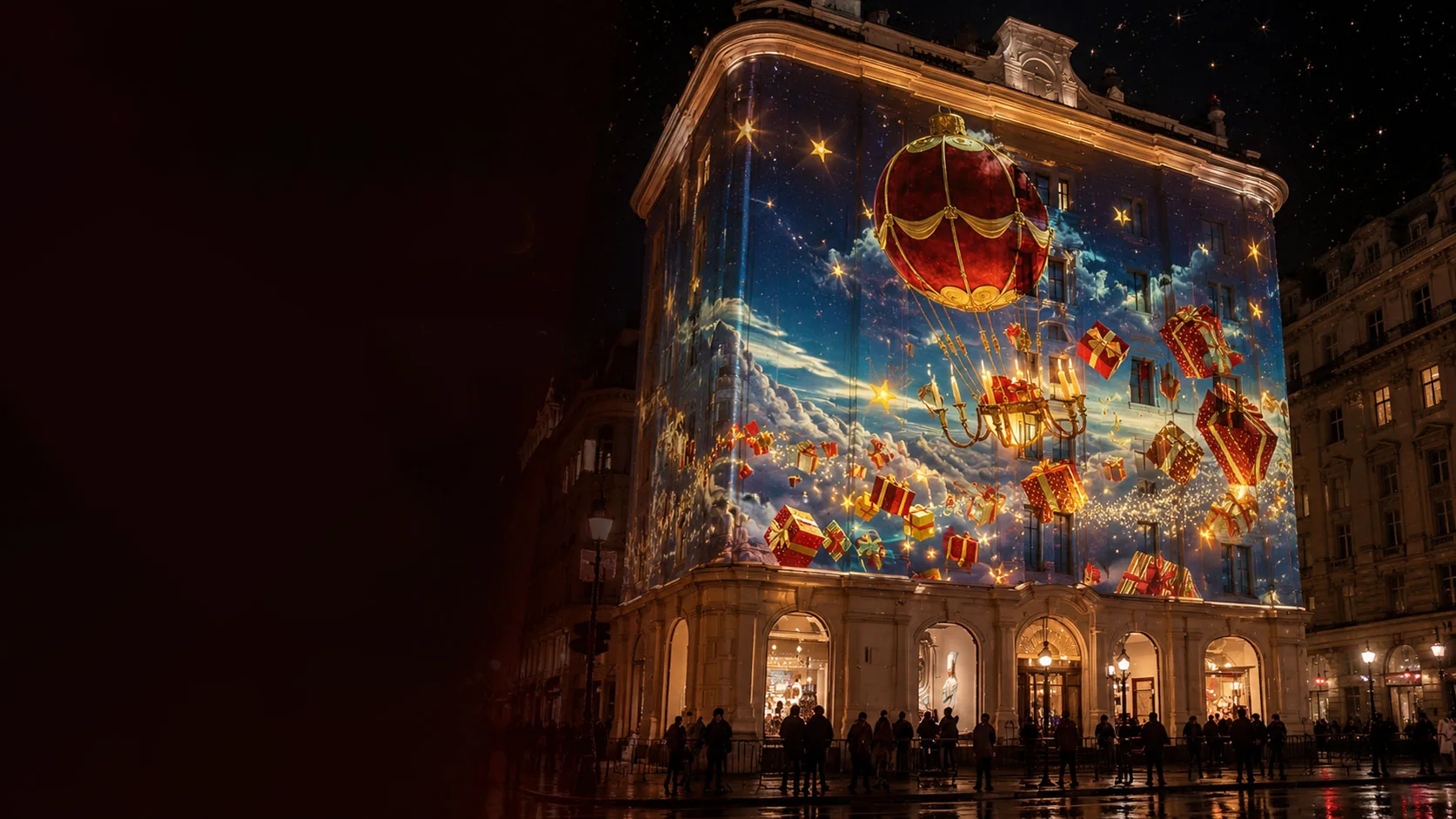 A heritage building facade covered by a large projected Christmas scene with Santa and his sleigh