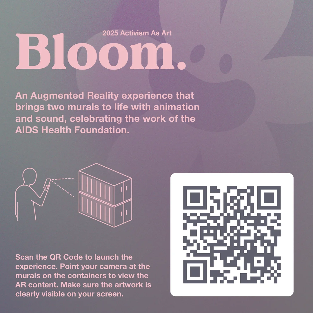 Bloom AR mural signage showing QR code and hand-holds-phone illustration with Scan instructions