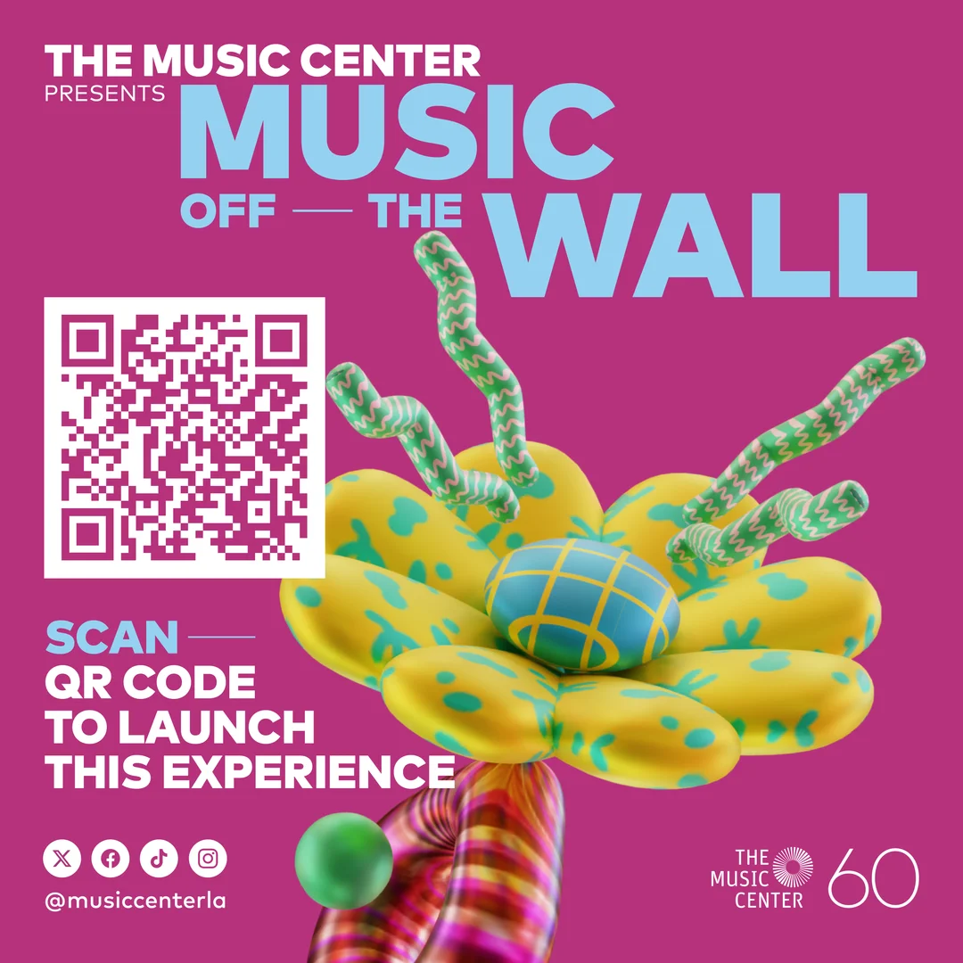 Music Off The Wall AR mural signage showing QR code and colourful 3D flower graphic with Scan instructions