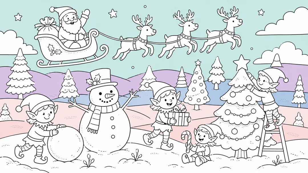 Colouring-in scene of Christmas - Santa in his sleigh above children building a snowman and decorating a tree