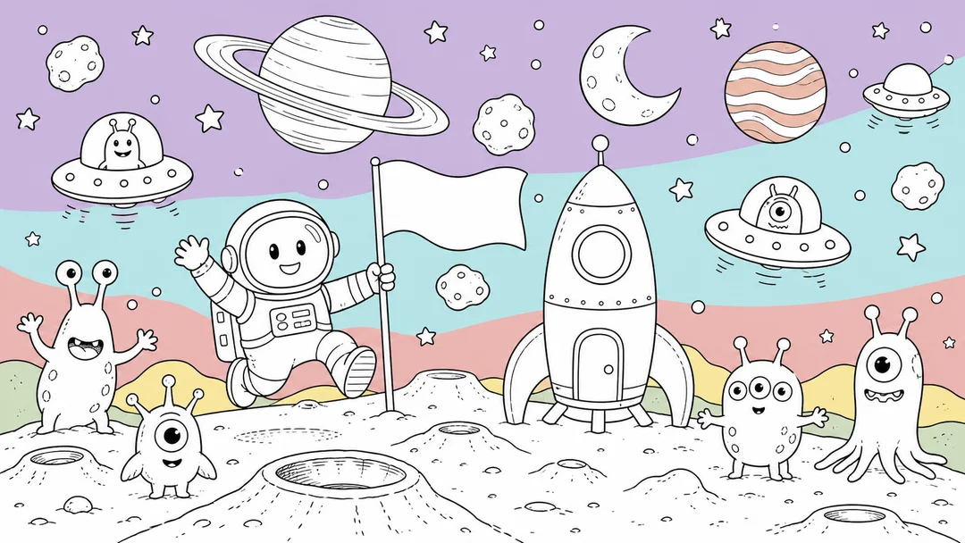 Colouring-in scene of space - an astronaut planting a flag beside a rocket, with planets, aliens and flying saucers