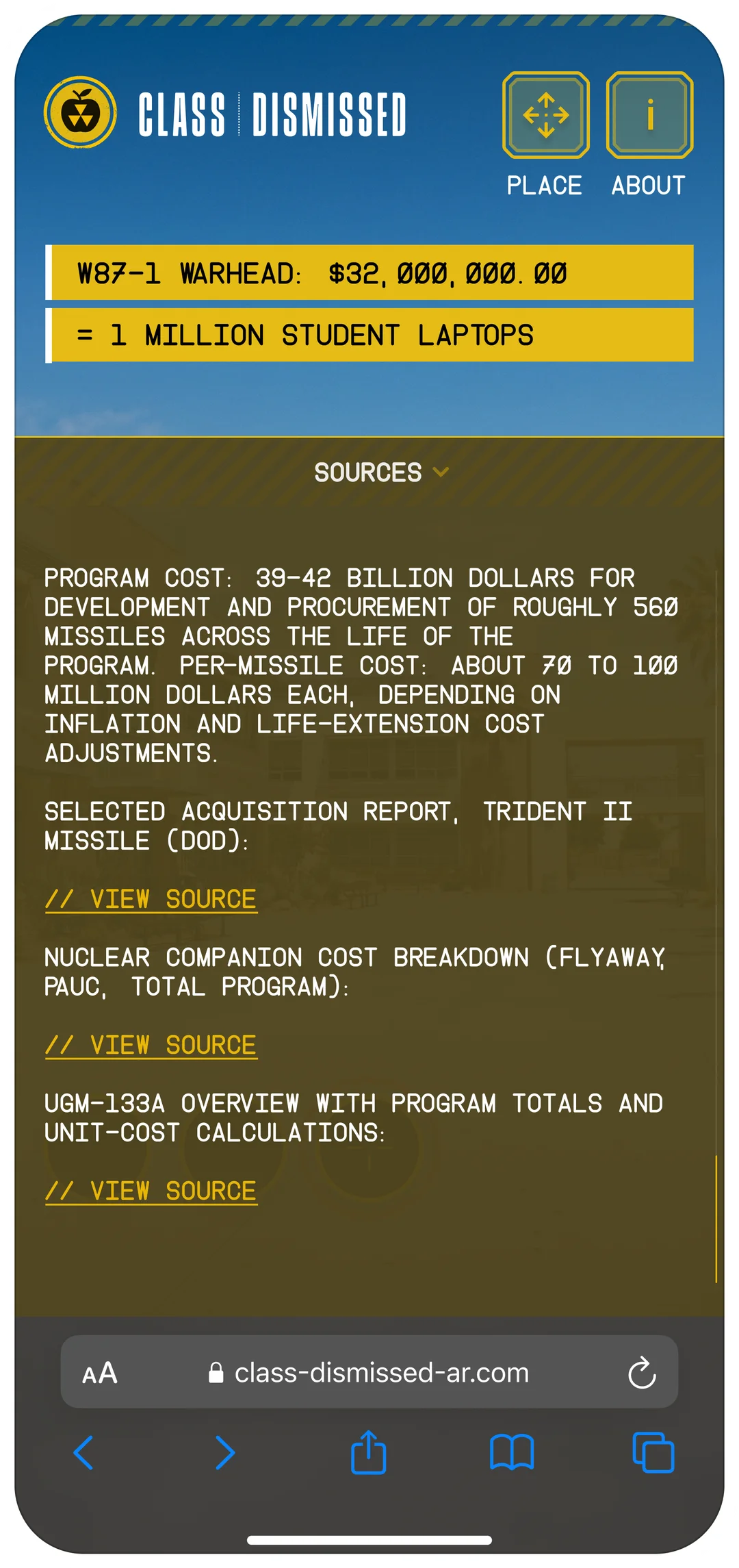 Class Dismissed - the Sources panel open over the AR view, listing programme costs with links to the reports behind each figure