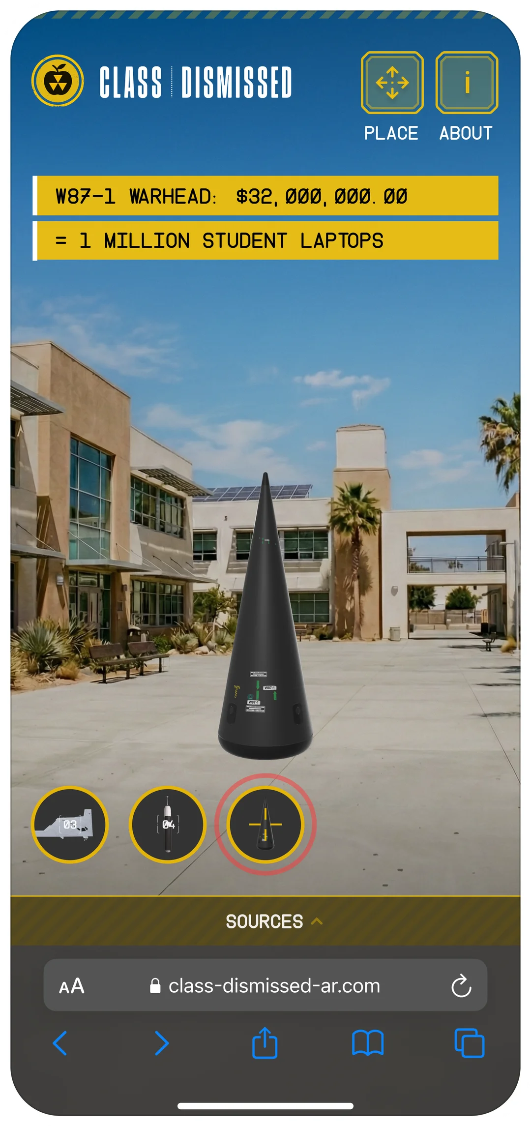 Class Dismissed - a W87-1 warhead in a school courtyard, captioned "$32,000,000.00 = 1 million student laptops", with the object picker below
