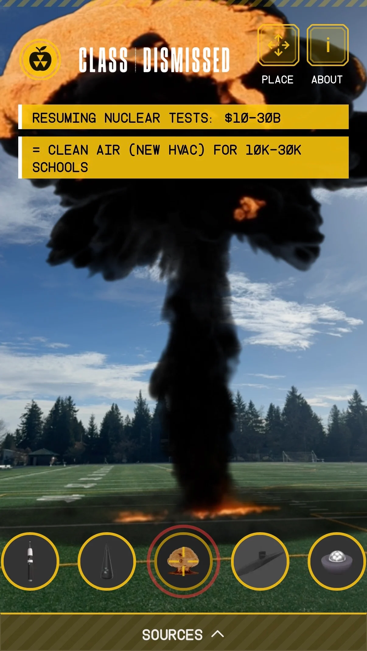 Class Dismissed - a full-scale mushroom cloud rises over a school football field in AR, captioned "Resuming nuclear tests: $10-30B"