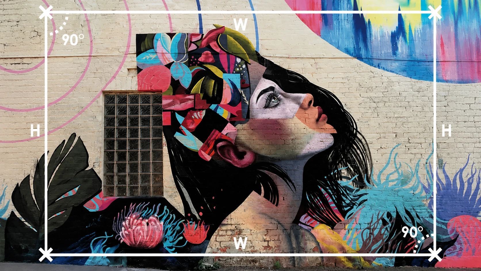 A mural photographed straight on for an AR image target, with the corners marked and the width and height measured at 90 degrees to the wall