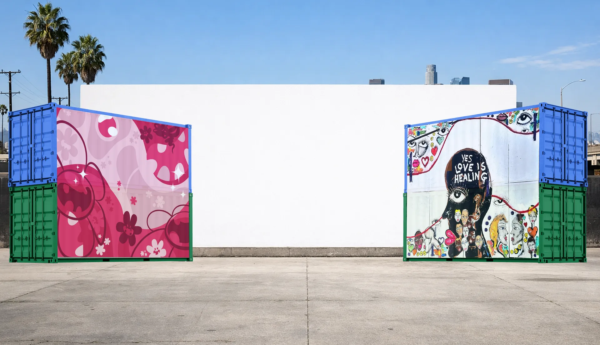 Bloom - Fern and Miles Regis murals painted across stacked shipping containers either side of the projection wall, downtown Los Angeles skyline behind