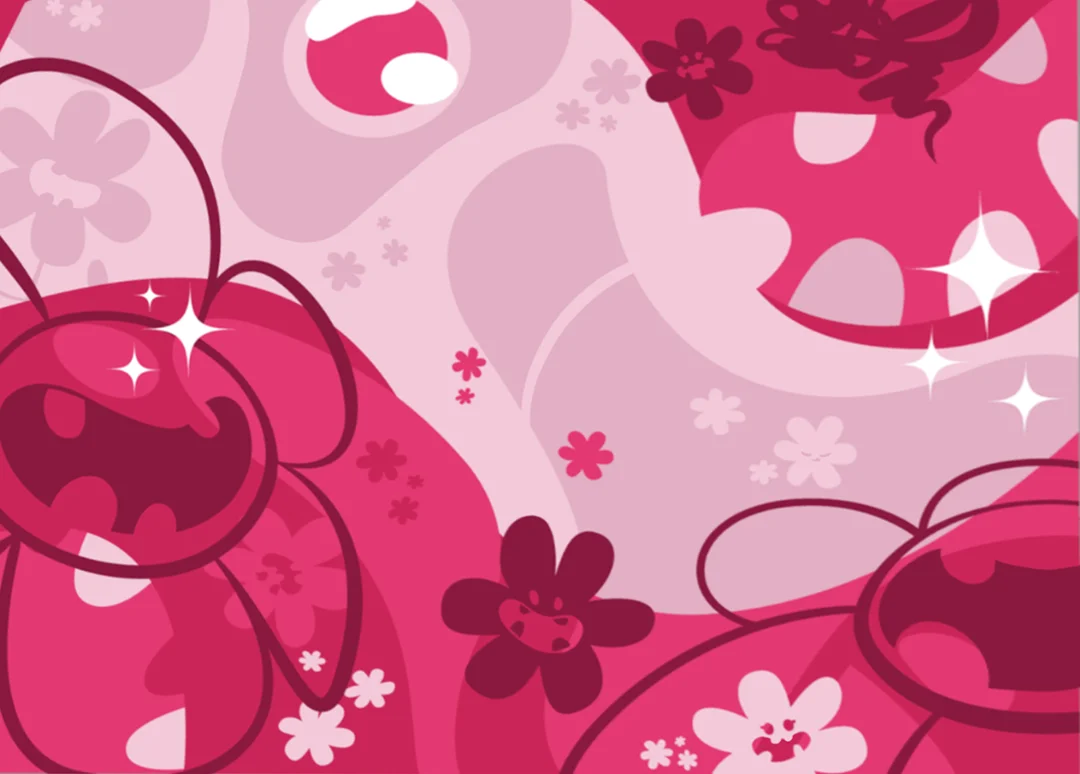 Bloom - close-up of Fern mural with pink florals, sparkles and blooming forms