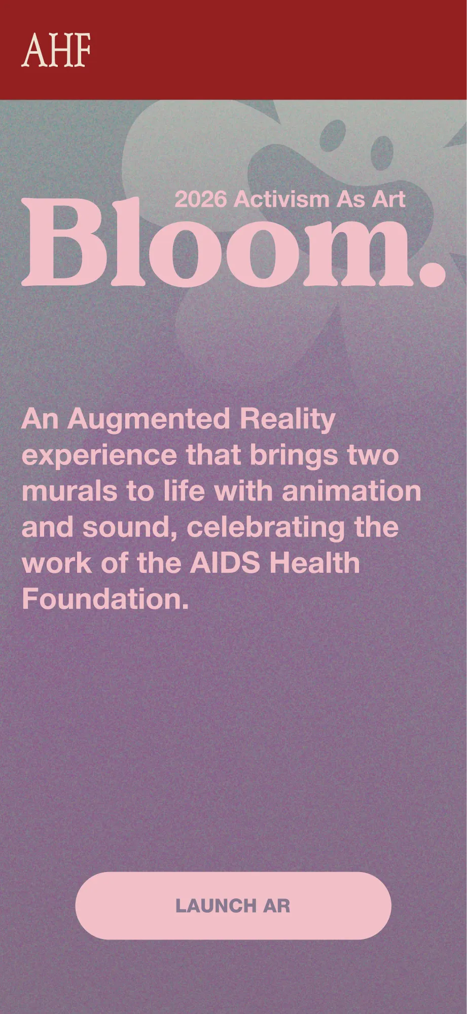 Bloom - AHF launch screen on mobile with Bloom title and Launch AR button