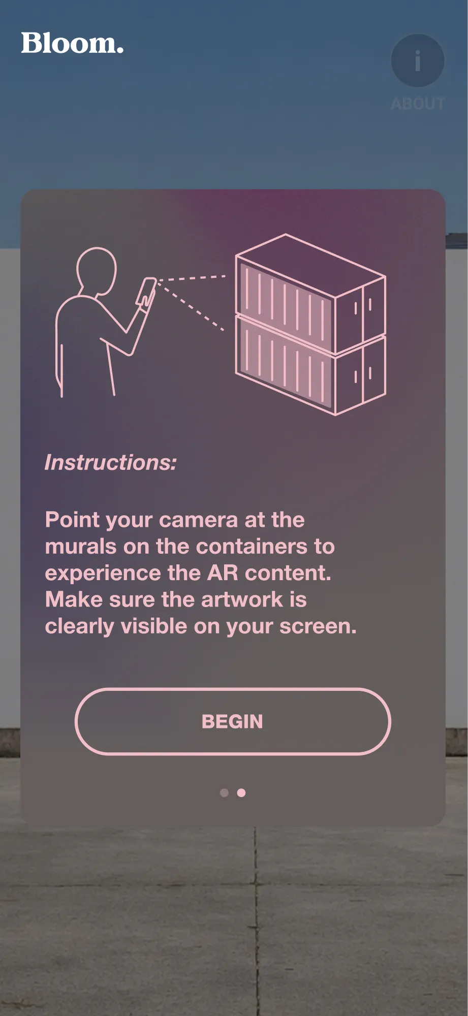 Bloom - AR onboarding screen on mobile with instructions to scan the murals