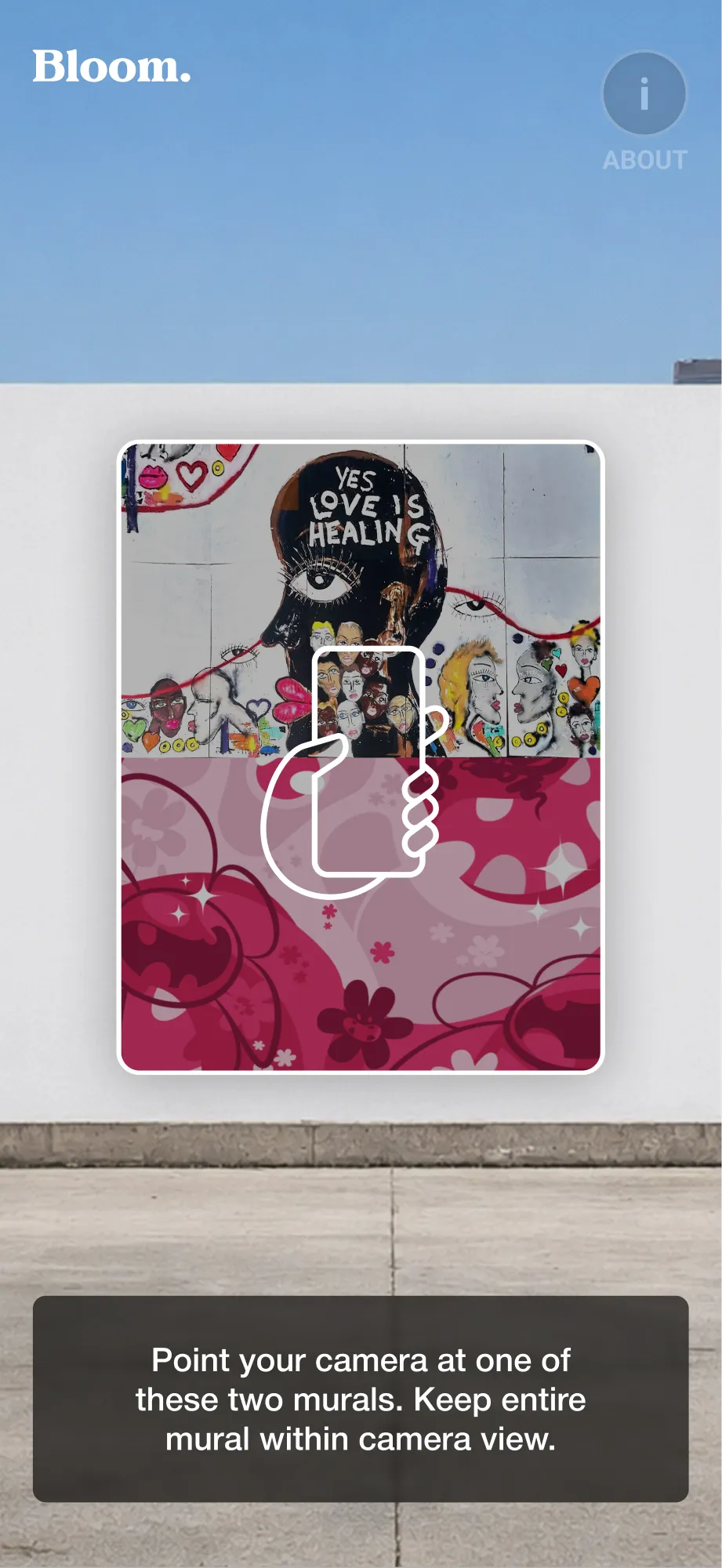 Bloom - mural selection screen on mobile prompting visitors to point their camera at one of the two murals