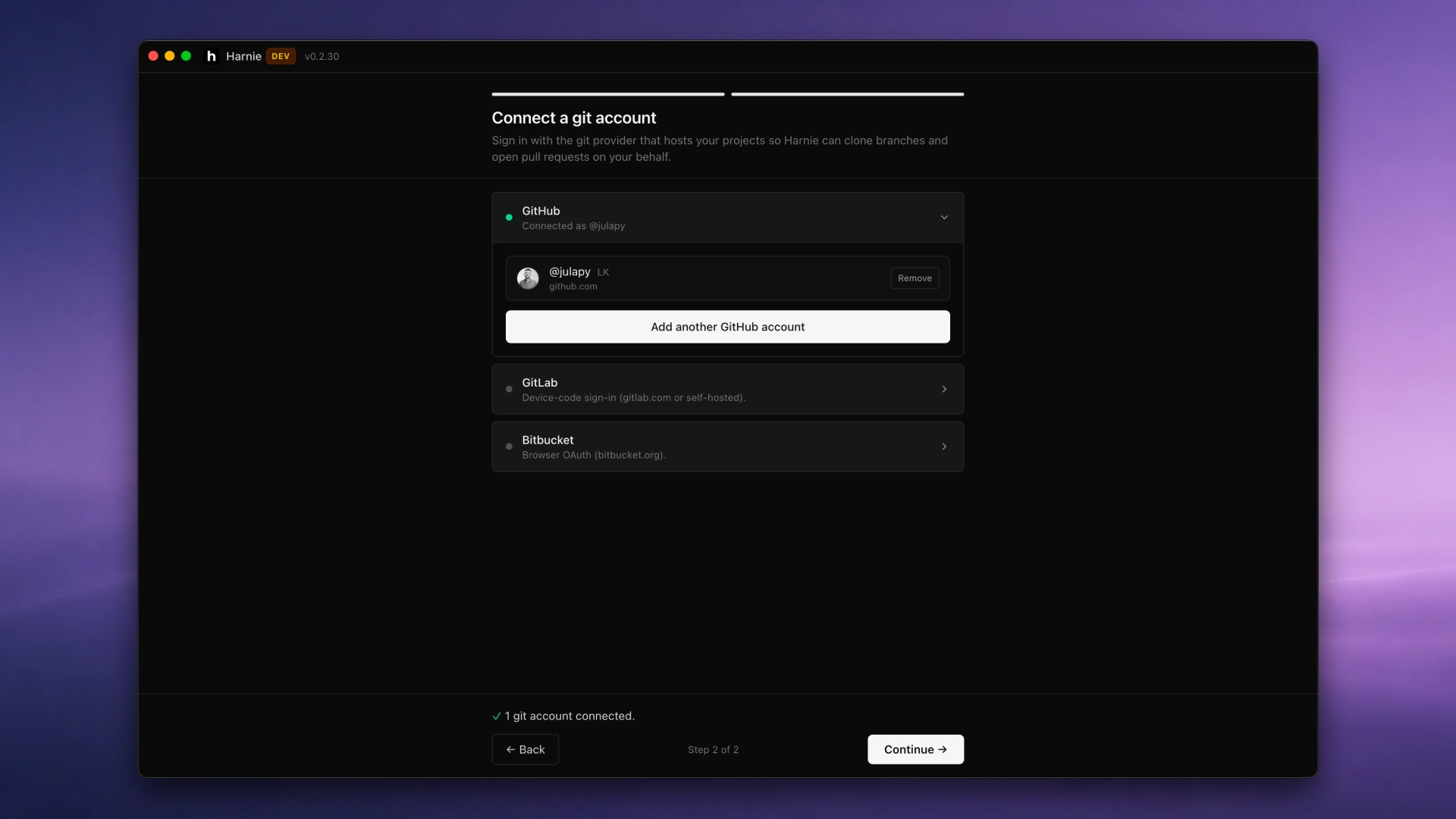 Harnie sign-in screen showing the GitHub authorisation prompt to connect your project