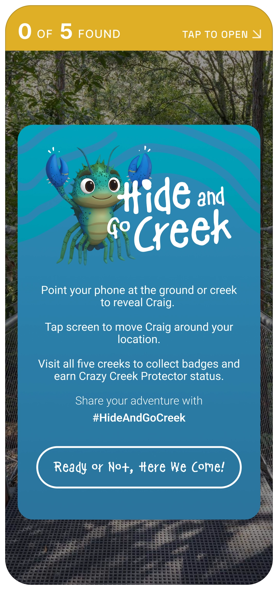 Hide and Go Creek app screen introducing Craig the freshwater crayfish