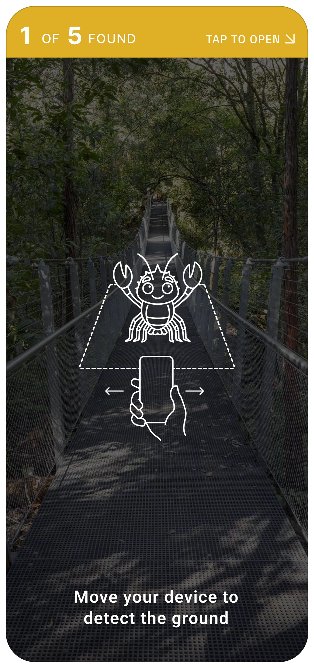 Hide and Go Creek app screen prompting visitors to move their device to detect the ground