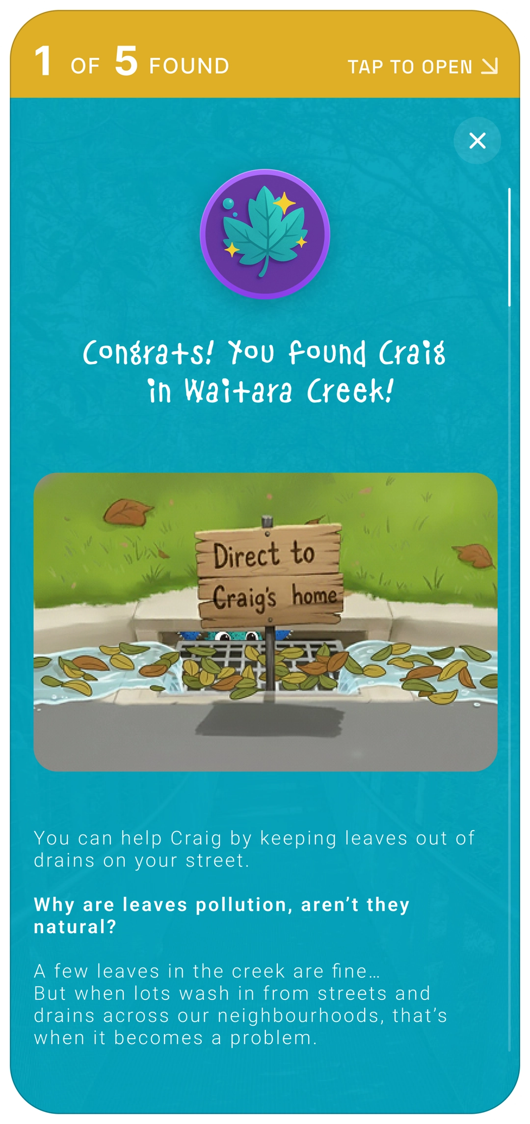 Hide and Go Creek app screen congratulating visitors for finding Craig in Waitara Creek