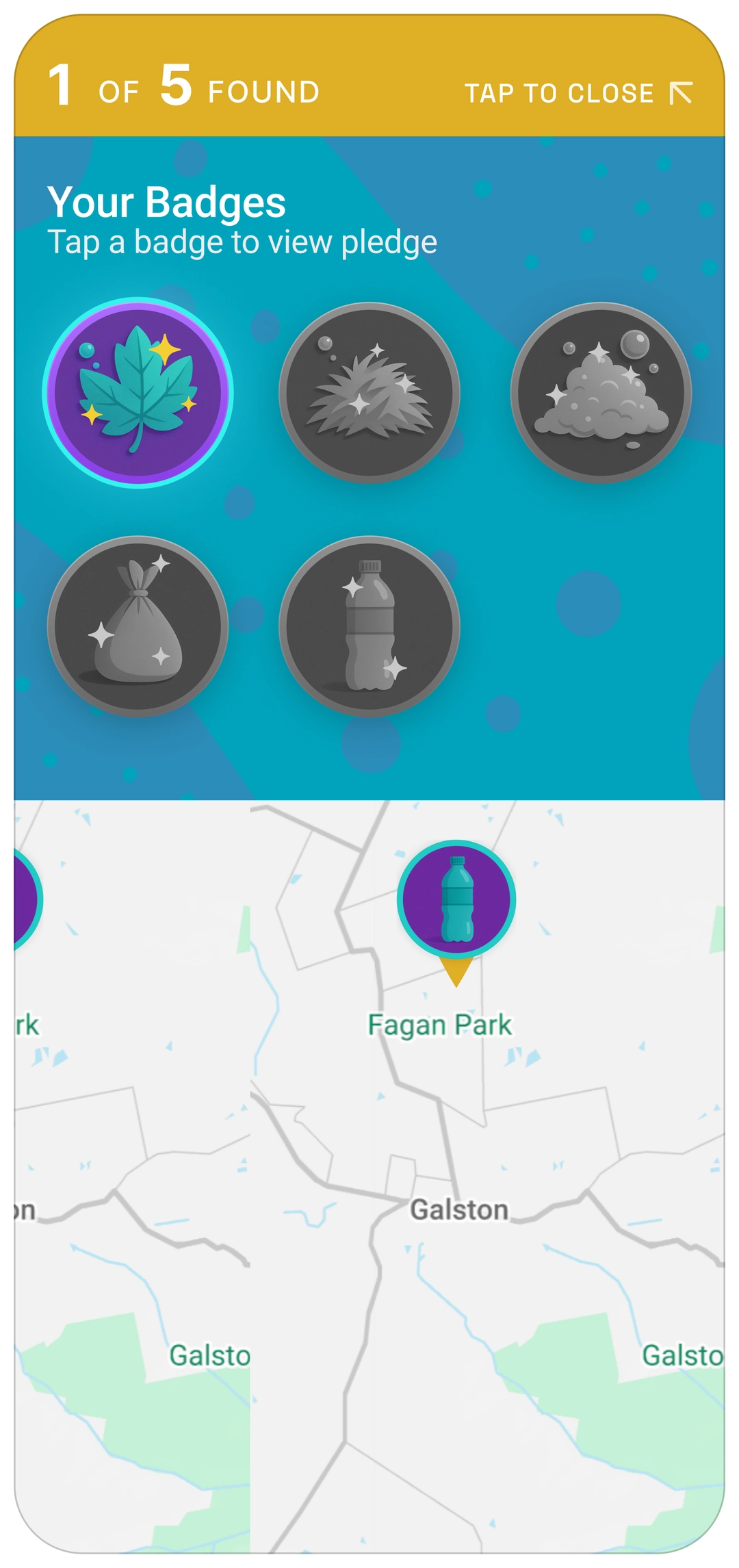 Hide and Go Creek app badge screen showing creek protector badges on a map