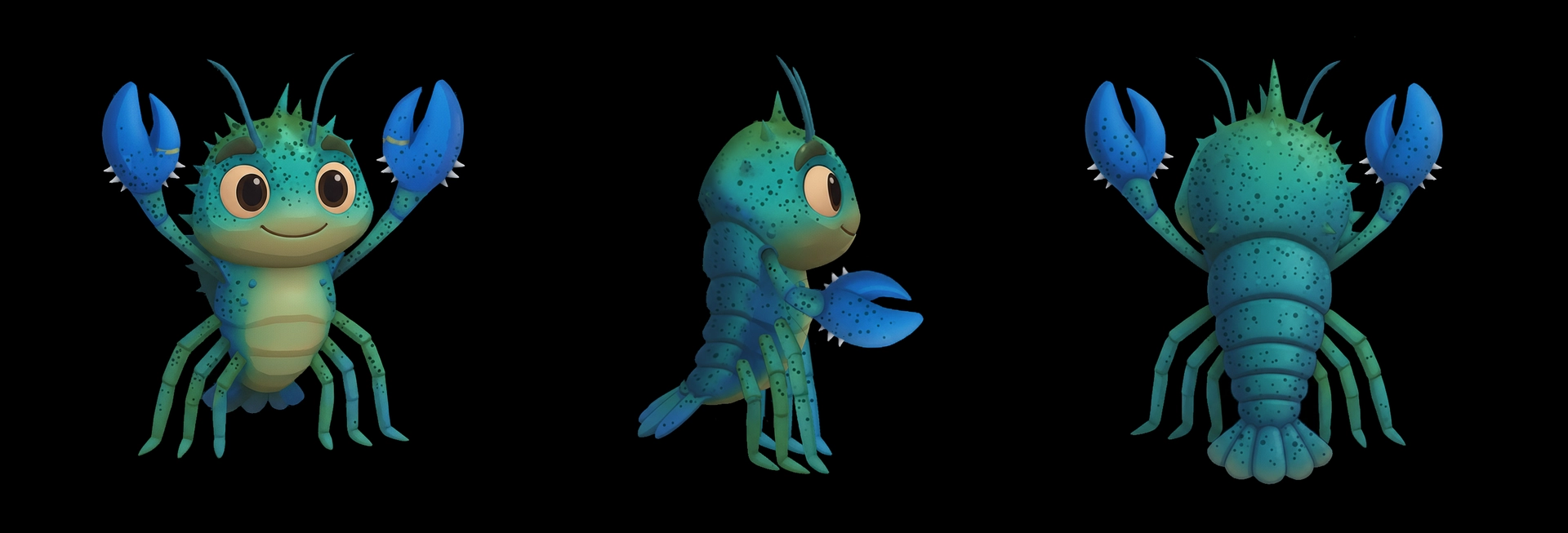 Craig the freshwater crayfish character shown from front, side and back views