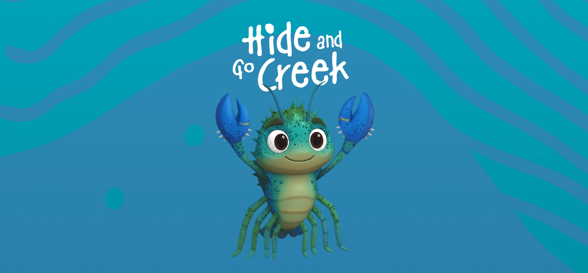 Hide and Go Creek title artwork with Craig the freshwater crayfish on a blue creek-pattern background