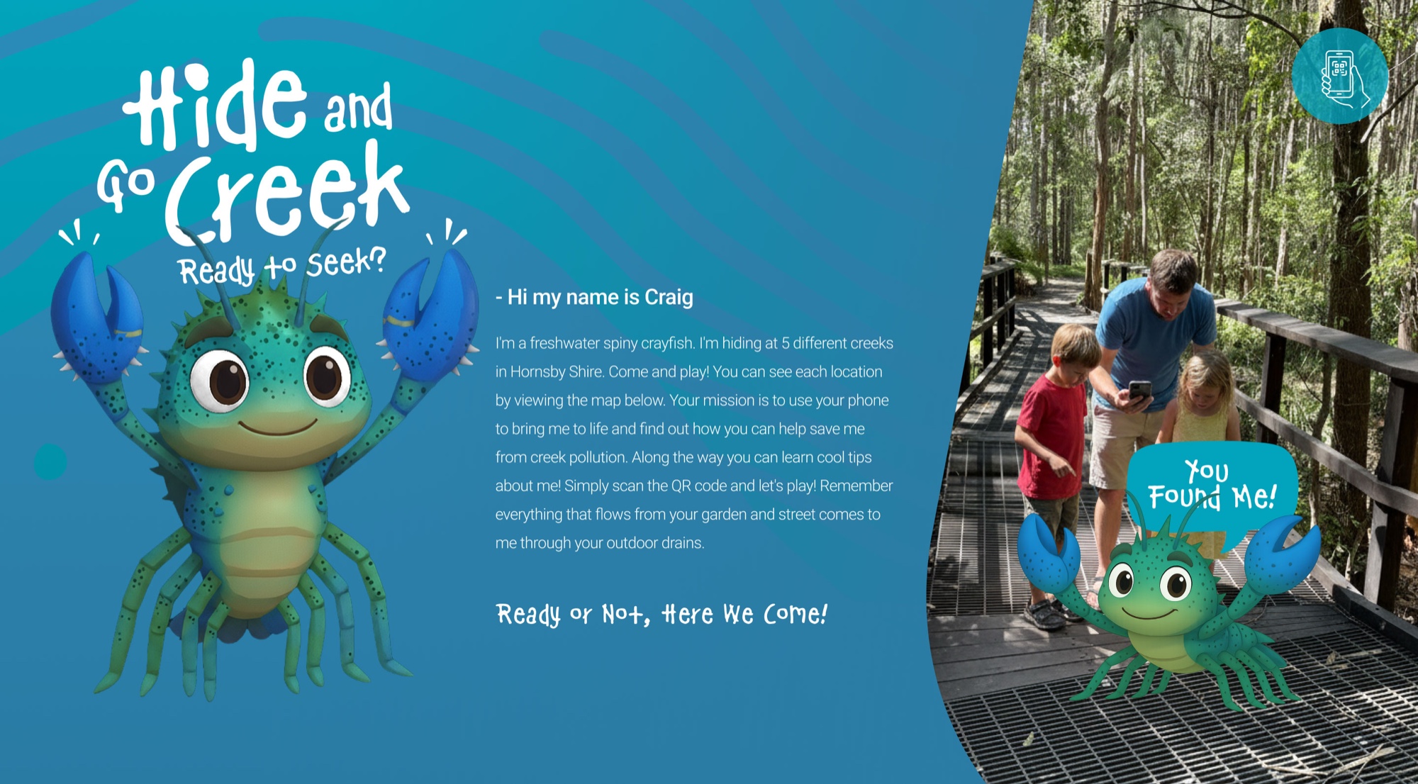 Hide and Go Creek introduction screen with Craig and children using the experience on a creek boardwalk