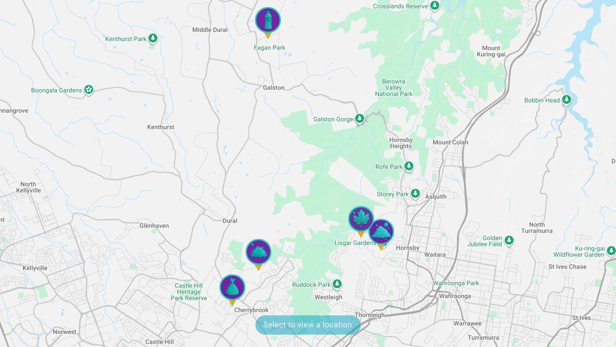 Hide and Go Creek map showing five creek badge locations around Hornsby Shire