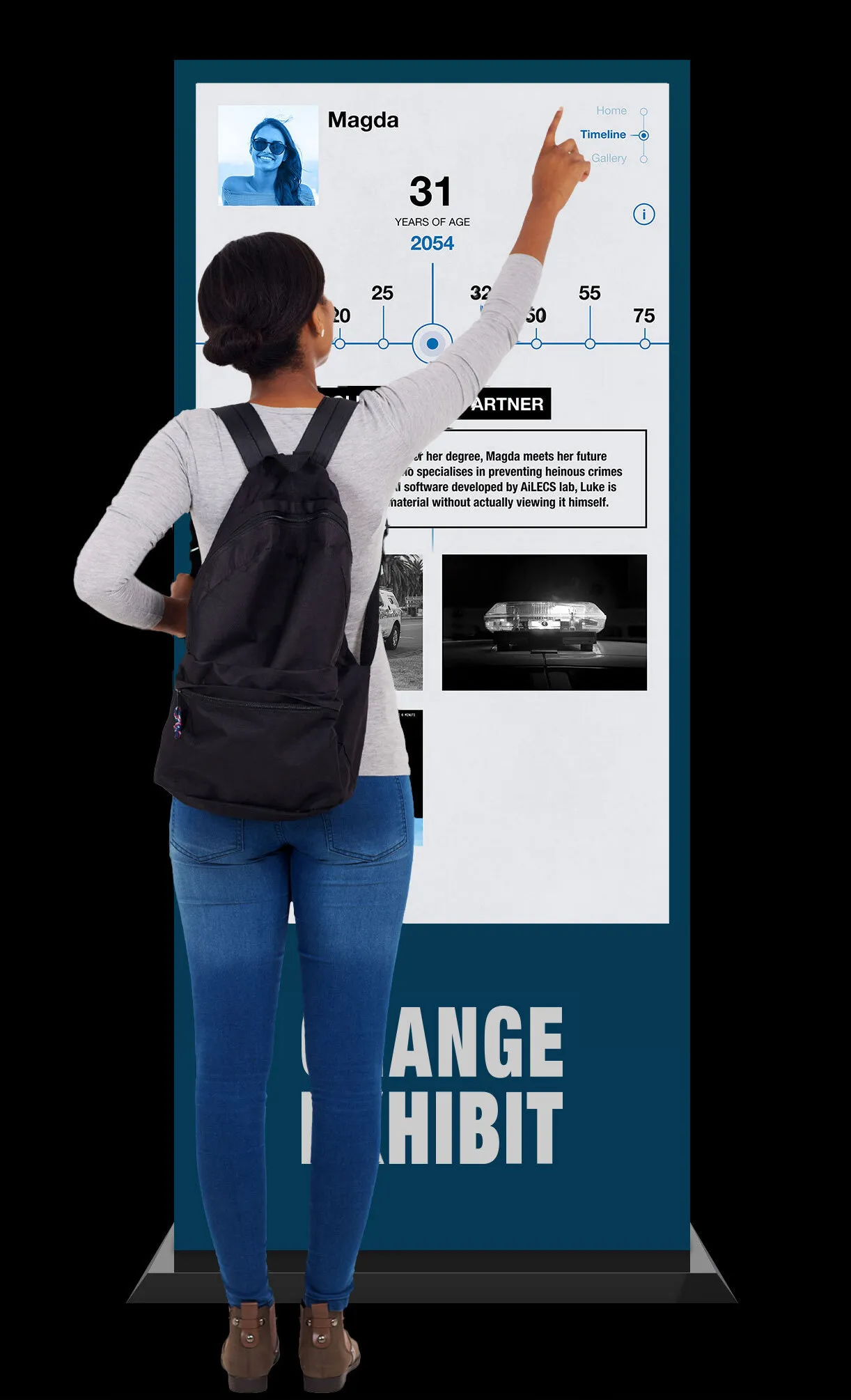Change Exhibit kiosk with student