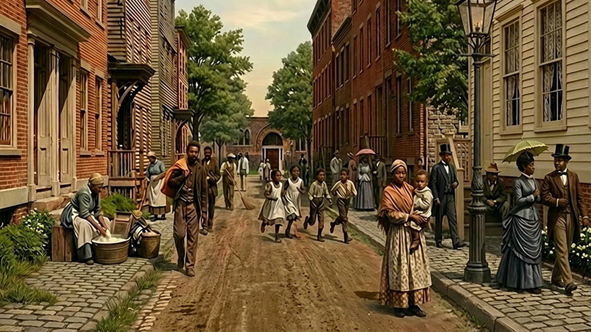 AI-generated cinematic reconstruction of a lively 19th-century Brooklyn street scene, with African-American families, children, and community members on a cobblestone-lined dirt road