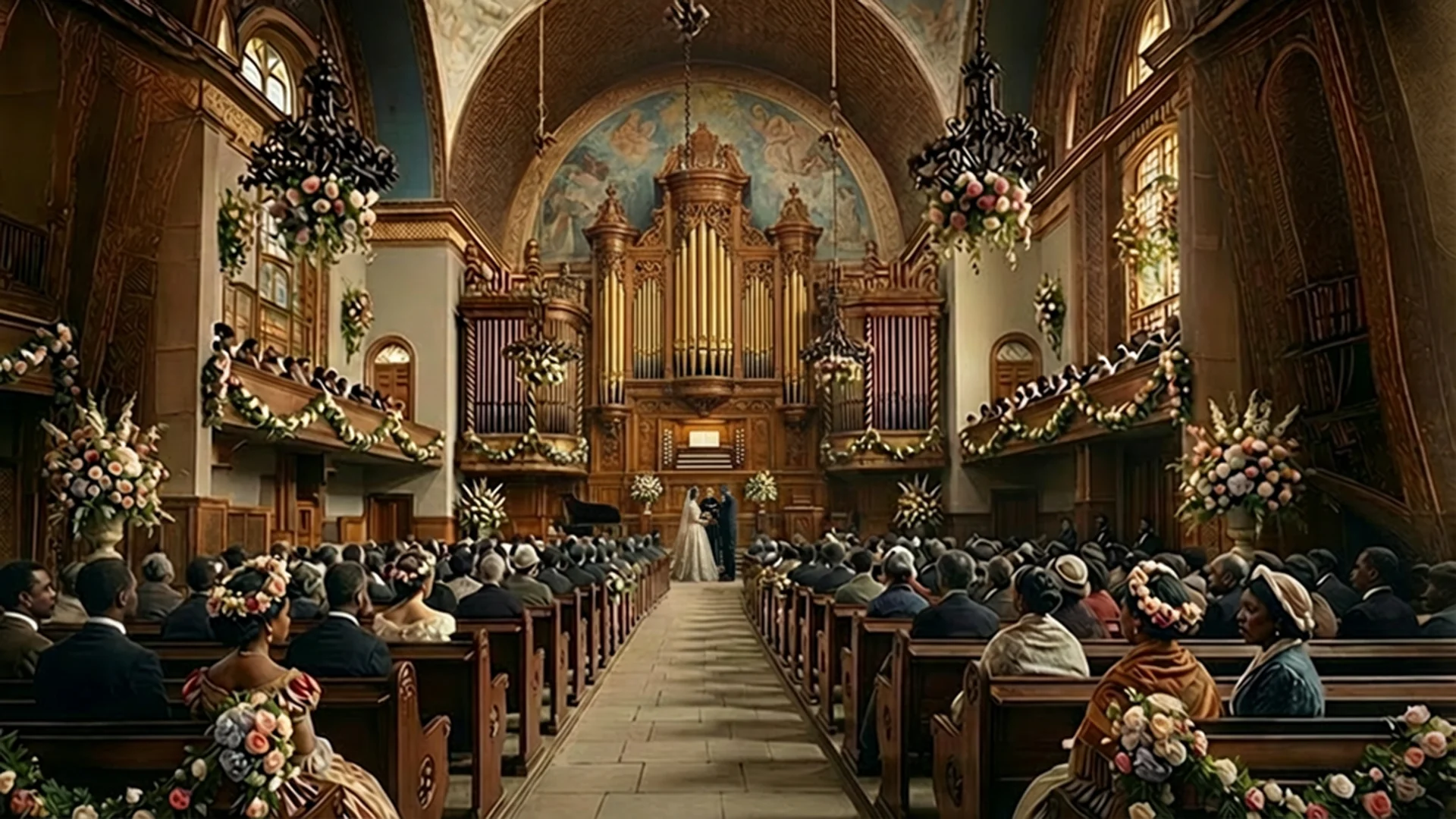 AI-generated cinematic reconstruction of Henry and Sarah Garnet's wedding ceremony inside a grand 19th-century Brooklyn church, with African-American guests filling the pews
