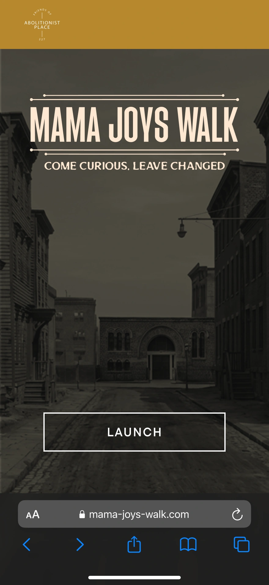In-experience AR view, with two life-size historic figures standing either side of an embedded archival film of the original streetscape