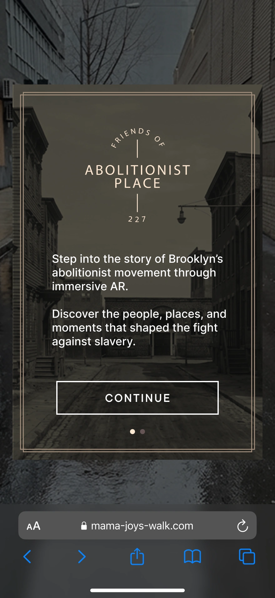 Friends of Abolitionist Place 227 introduction screen, inviting visitors to step into the story of Brooklyn's abolitionist movement through immersive AR