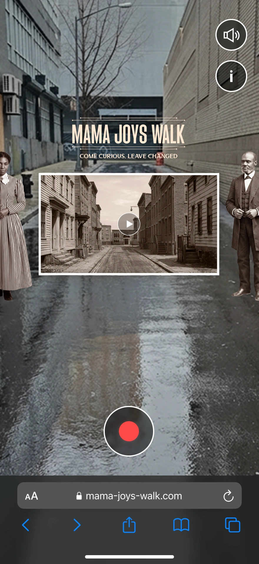 Mama Joys Walk launch screen on mobile, showing the title treatment and tagline "Come curious, leave changed" over a sepia streetscape