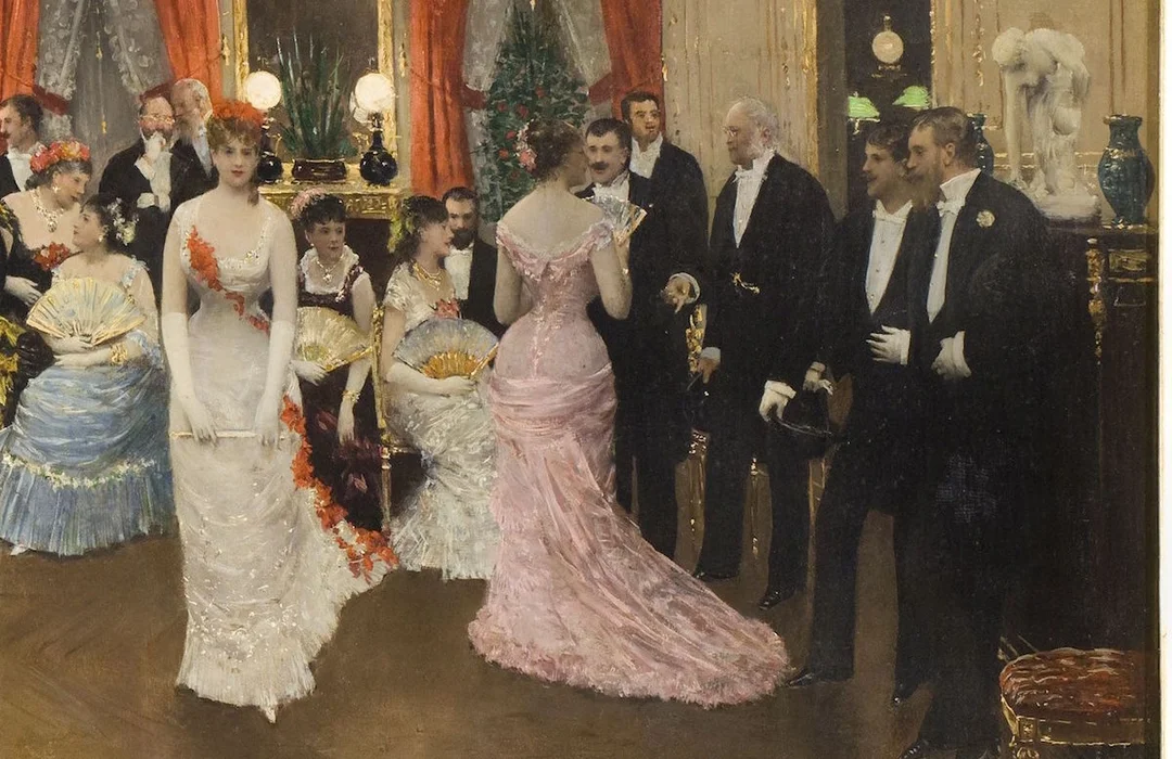 Victorian-era oil painting of a formal evening social gathering, figures in ball gowns and suits