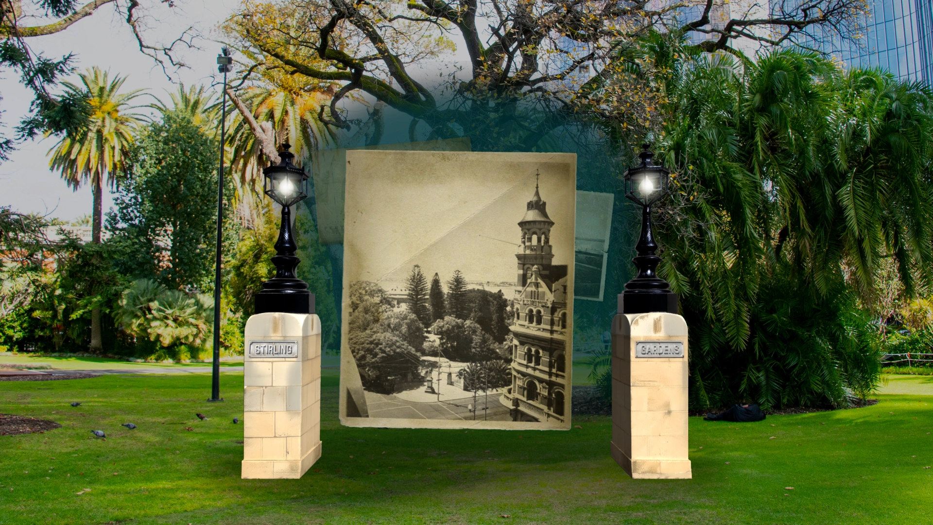 AR render for Stirling Gardens showing illuminated stone gate pillars with a vintage postcard floating in a teal glow