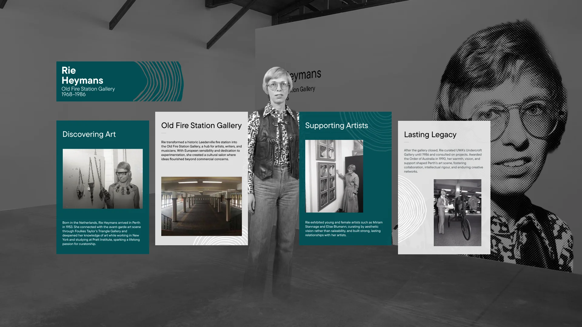 Rie Heymans's chapter of the Pioneering Spaces AR experience, showing her life-size standing figure alongside AR panels on the Old Fire Station Gallery, the artists she supported, and her lasting legacy