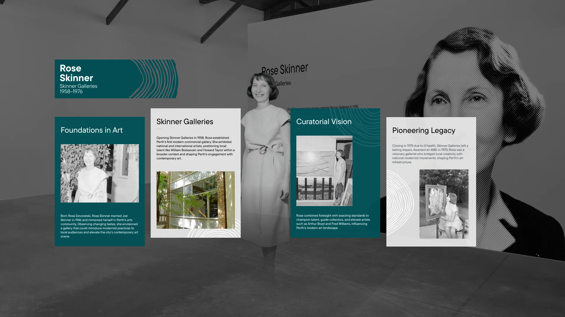 Rose Skinner's chapter of the Pioneering Spaces AR experience, showing her life-size standing figure alongside AR panels on Skinner Galleries, her curatorial vision, and her pioneering legacy