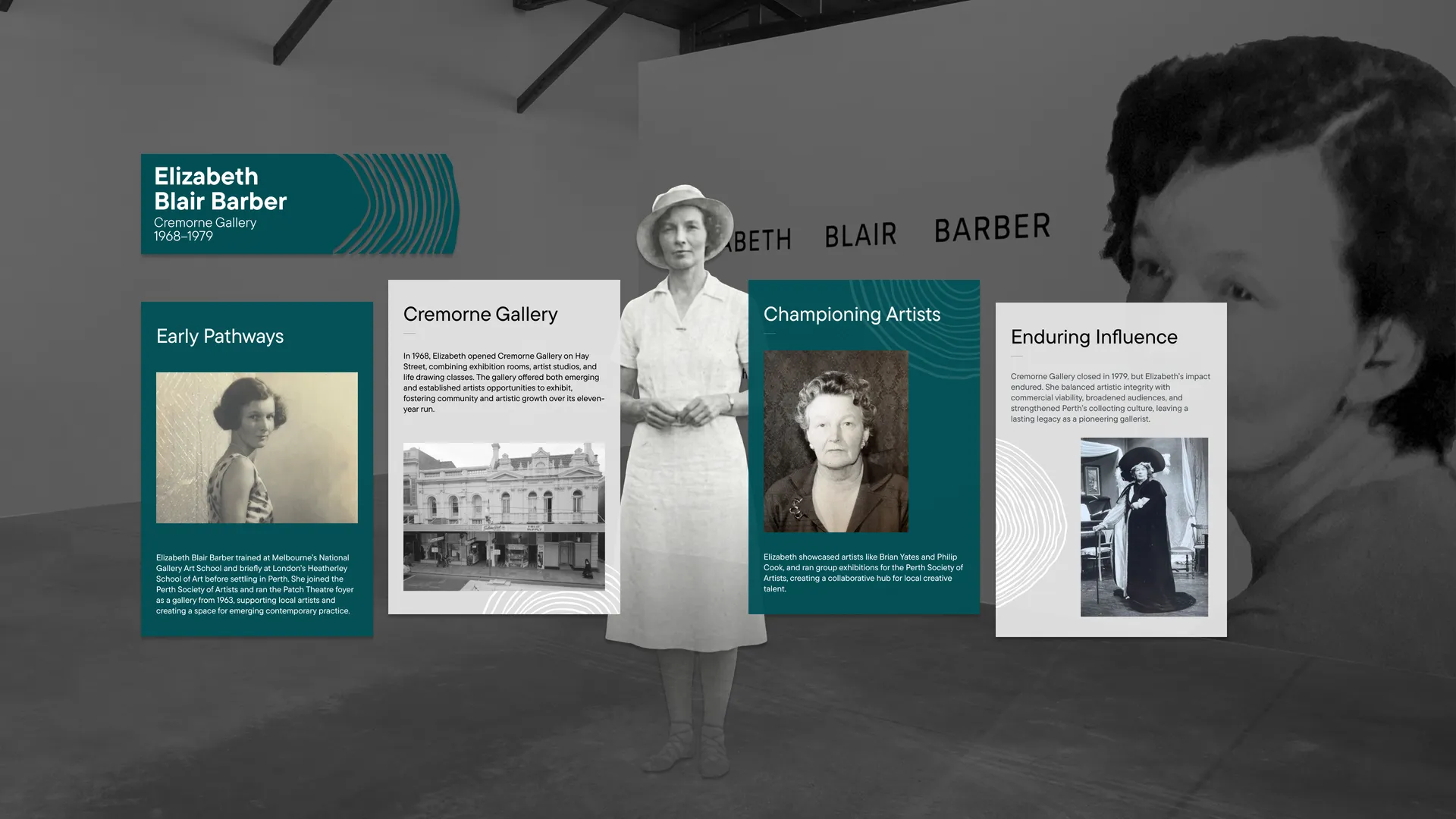 Elizabeth Blair Barber's chapter of the Pioneering Spaces AR experience, showing her life-size standing figure alongside AR information panels