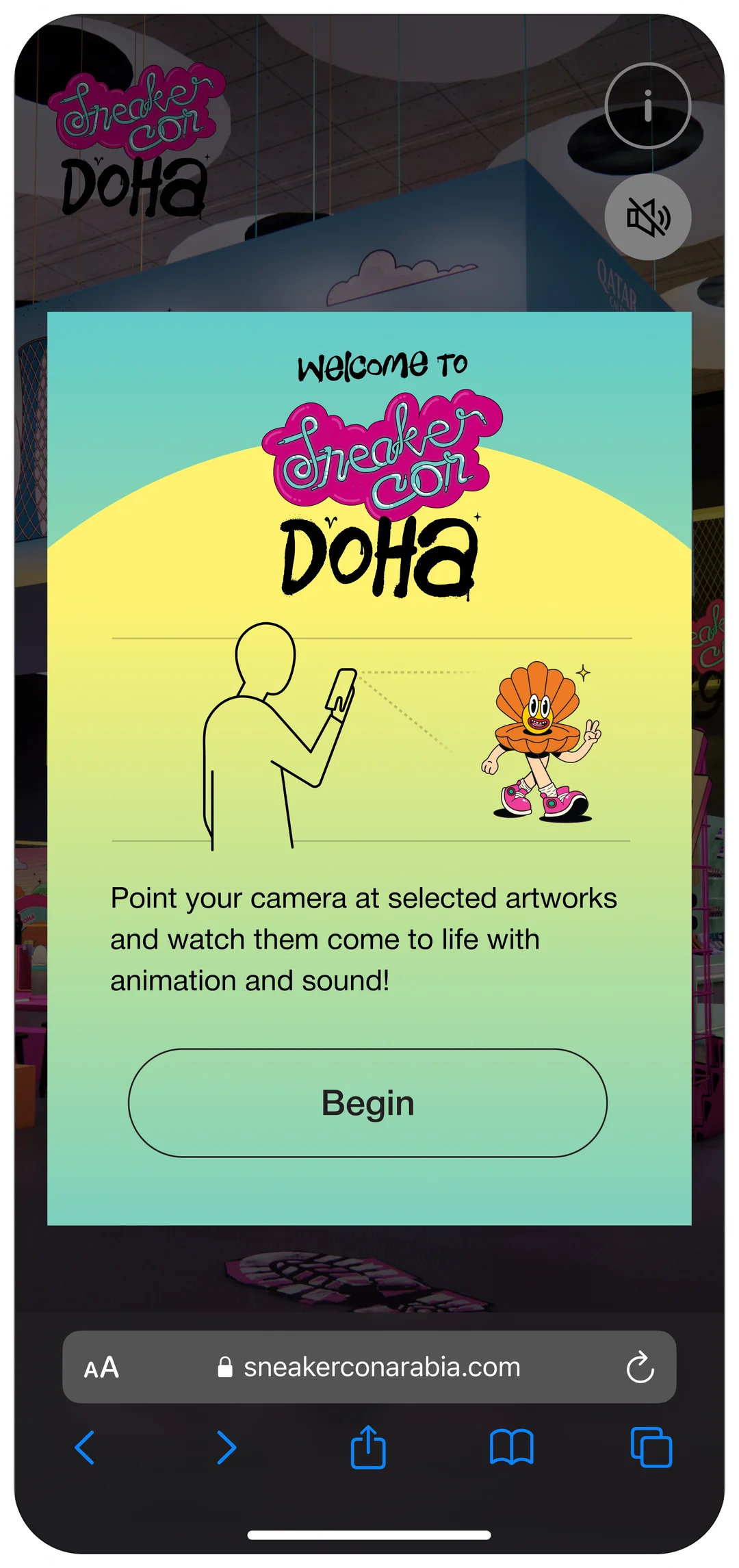 Sneaker Con Doha WebAR onboarding screen explaining how to scan artworks