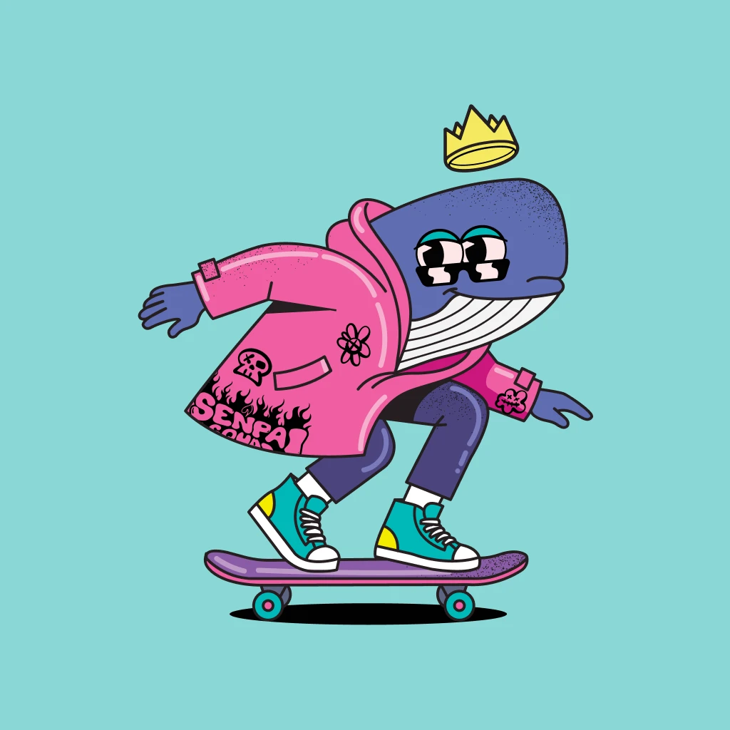 Sneaker Con Doha character - whale skater in Senpai Squad hoodie
