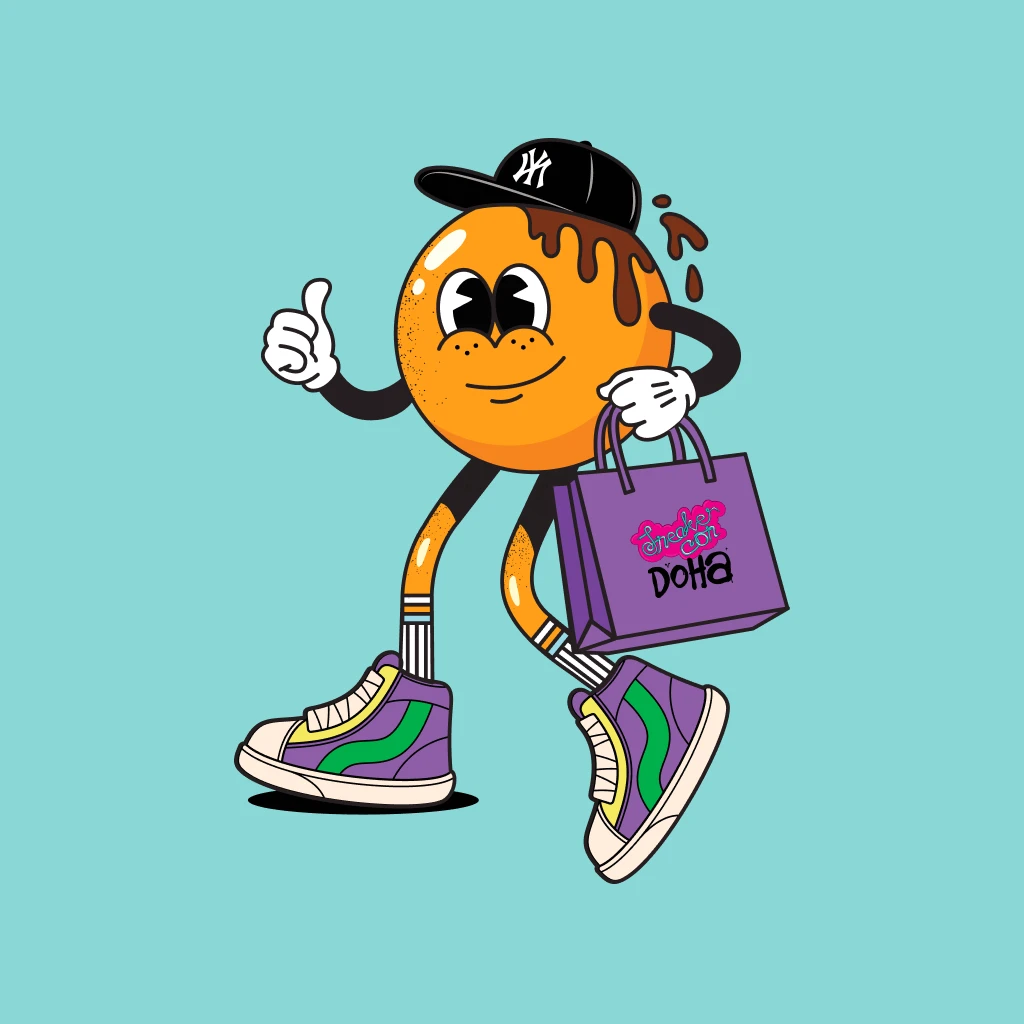 Sneaker Con Doha character - chocolate-dipped donut character carrying a Sneaker Con Doha shopping bag