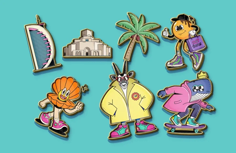 Sneaker Con Doha enamel pin set featuring Doha landmarks and the show characters