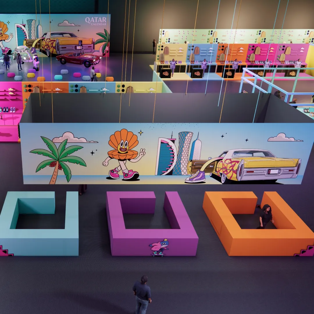 Sneaker Con Doha retail floor with hanging mural box