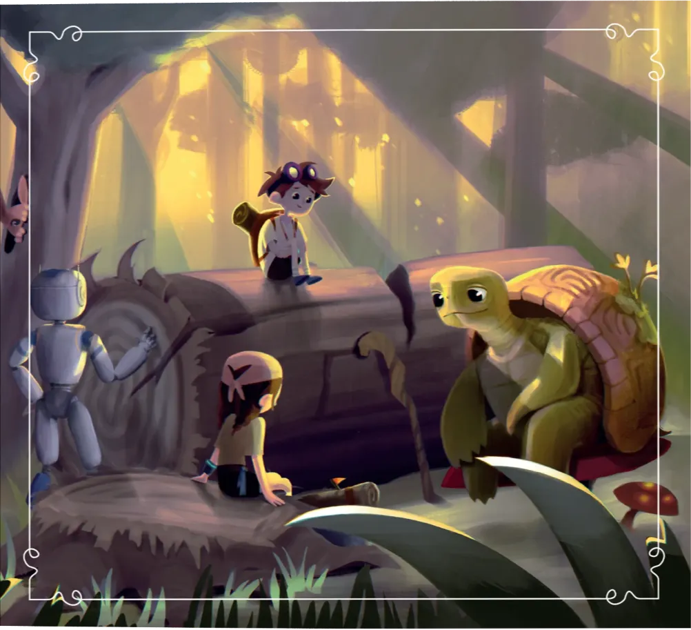 Tekno Maceracilar - two young explorers and their robot companion meet a giant turtle in a sunlit forest