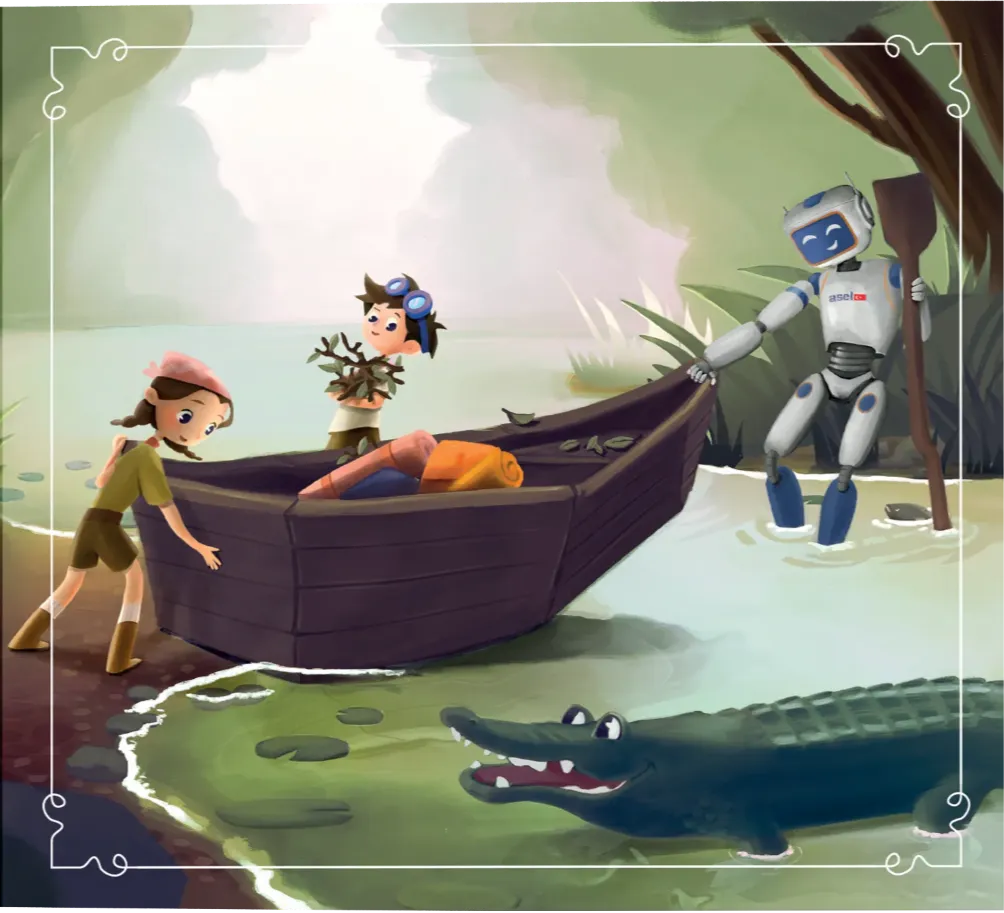 Tekno Maceracilar - the explorers and robot push a wooden boat from the riverbank as a crocodile watches